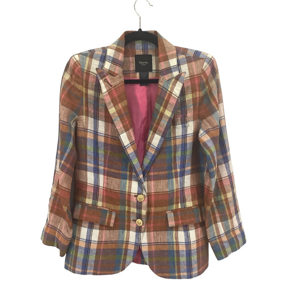 Smythe Two Button Blazer In Madras Plaid 100% Linen With 100% Silk Lining Size 8 - Picture 2 of 7